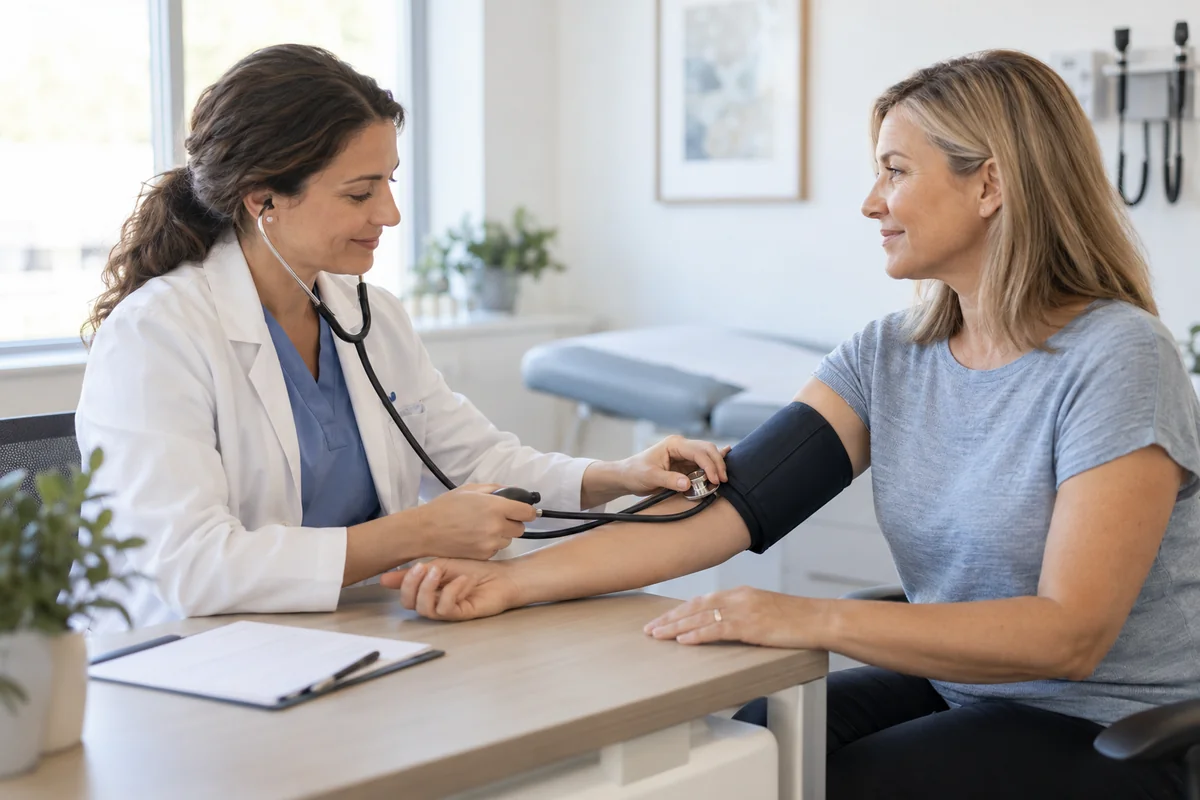 Physician checking an adult patient’s blood pressure